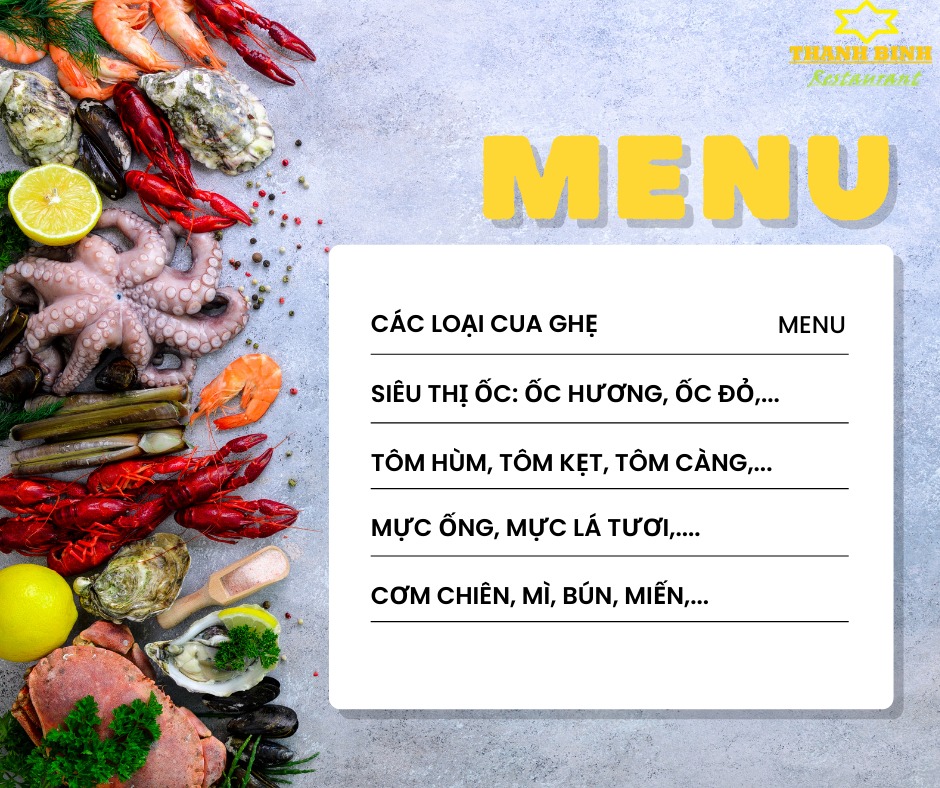 Nhà hàng hải sản có thực đơn rõ ràng, thực đơn hải sản đa dạng các món